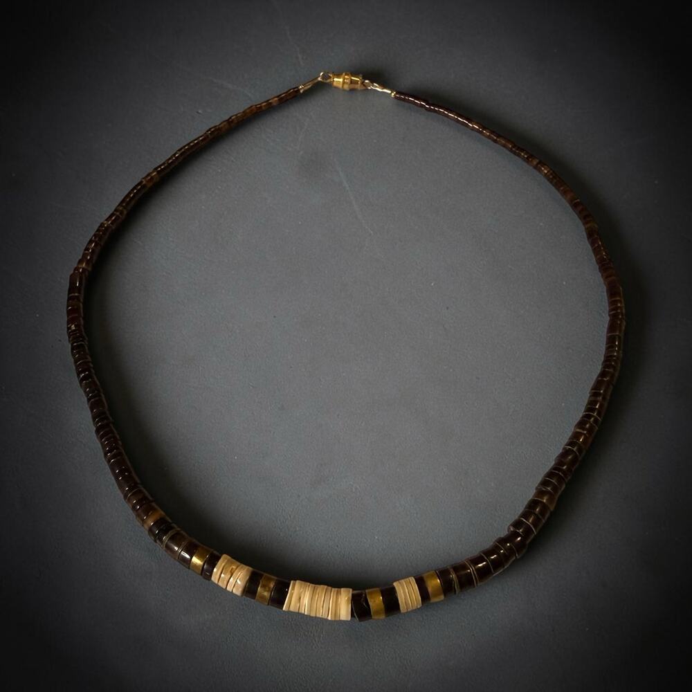 Vintage Heishi Bead Necklace Brown & Cream Shell with Brass Beads size 17”